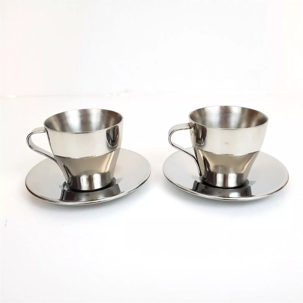 SET OF 4 Vintage IKEA stainless steel espresso cup + saucer set